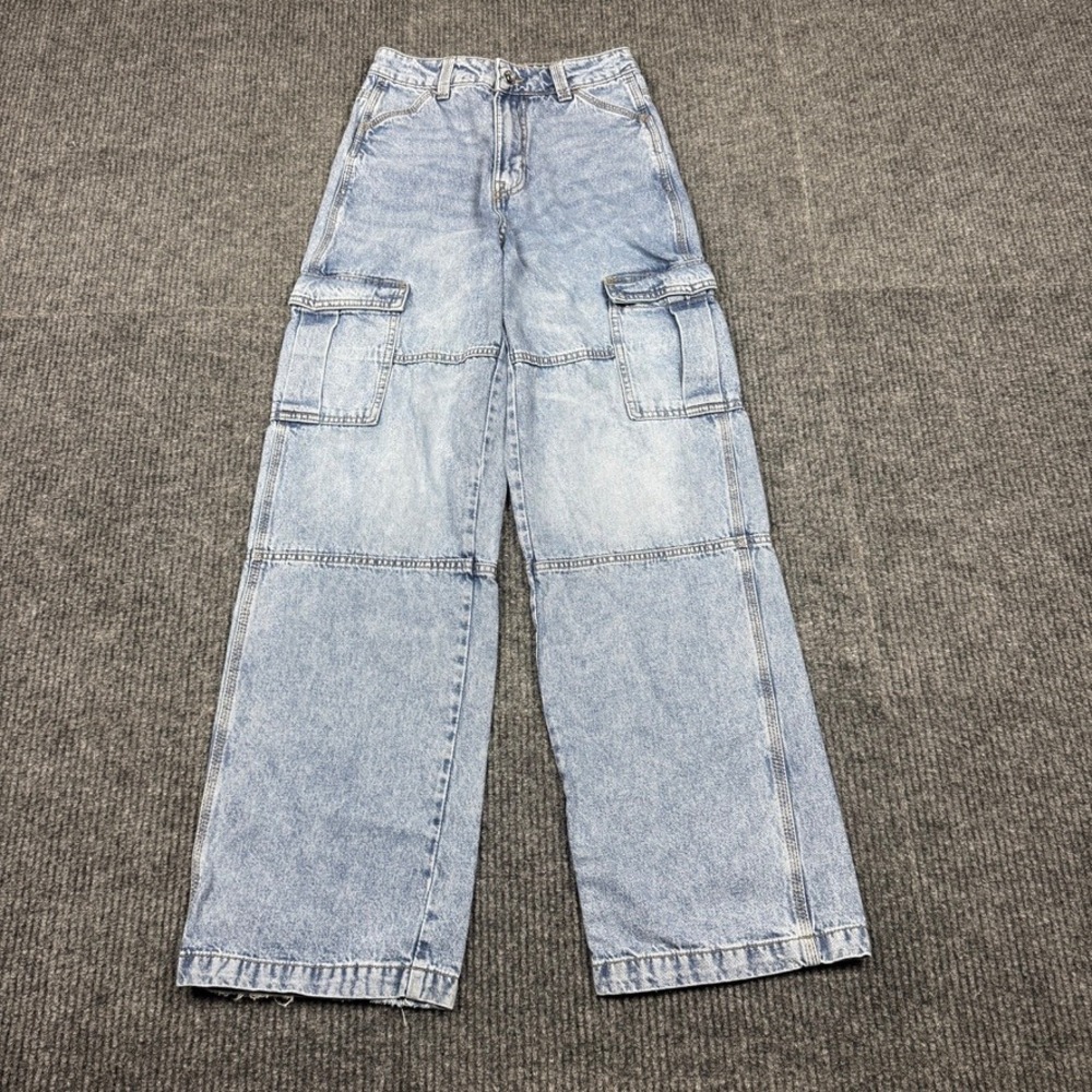 HM Divided Light Wash High Waisted Wide Leg Cargo Jeans Size 0 Utility Baggy